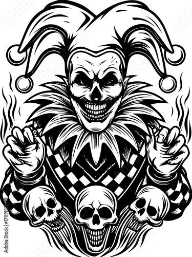 SVG skull tattoo design in a gothic, dark style. Creepy Clown Illustration with Skulls in Black and White Style