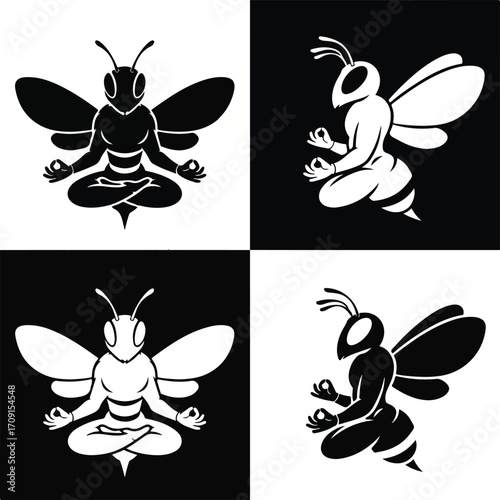 Four panels of a bee in lotus position, alternating black and white.
