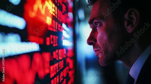 Businessman Analyzing Stock Market Data at Night
