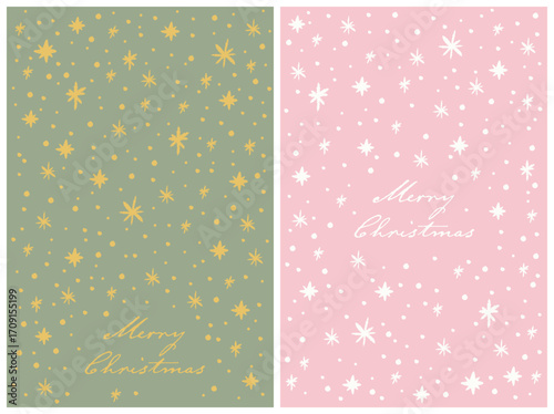 Hand drawn christmas card design template set with sparcle stars, pink and white, green and gold.