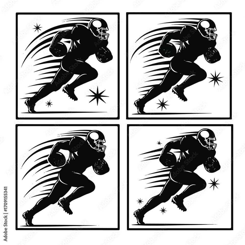 Obraz premium Four black and white illustrations of American football players running with the ball, set in a grid pattern.