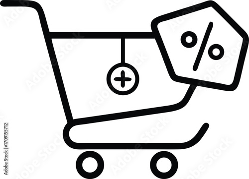 Shopping cart icon with percentage symbol and plus sign symbolizing discount and added items online