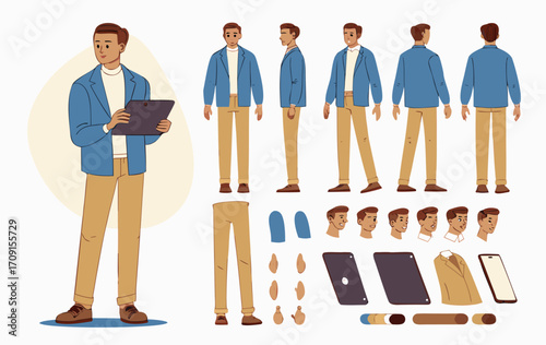 Fashionable business man holding tablet. Character constructor for animation. Front, side and back view set. Body parts, postures, poses collection. Vector illustration.
