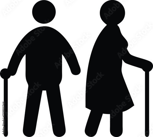 Elderly couple silhouette with walking canes representing senior citizens and aging support services