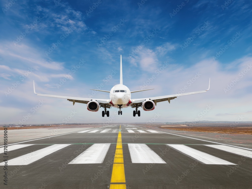 Obraz premium Premium Airplane Landing Airport Scene for Travel and Adventure Marketing Modern High-Quality Content for Young Professionals and Social Media Campaigns