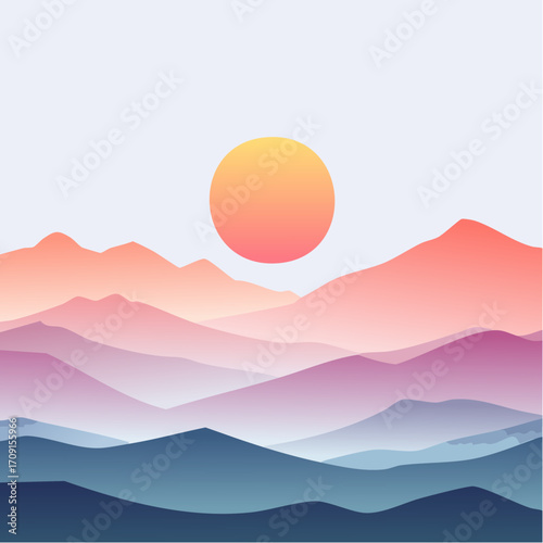 Tranquil layered mountain landscape at dawn or dusk, featuring soft pastel gradients and a vibrant sun. A minimalist aesthetic captures the serene beauty of nature's peaceful embrace