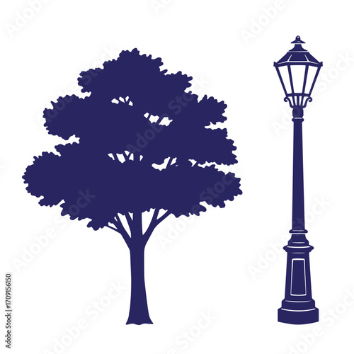 Simple dark blue silhouette vector illustration of a tree and an elegant street lamp