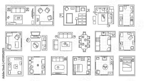 House Interior Plan Icons – Black Line Silhouette Aerial Furniture Layout Set