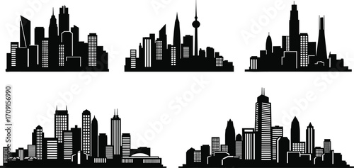 Modern city skyline silhouettes illustration, urban architecture landscape, black skyscraper buildings vector, downtown cityscape design for real estate, business
