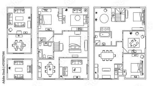 Aerial View Home Icons – Black Line Silhouette Furniture Arrangement Floor Plan Set