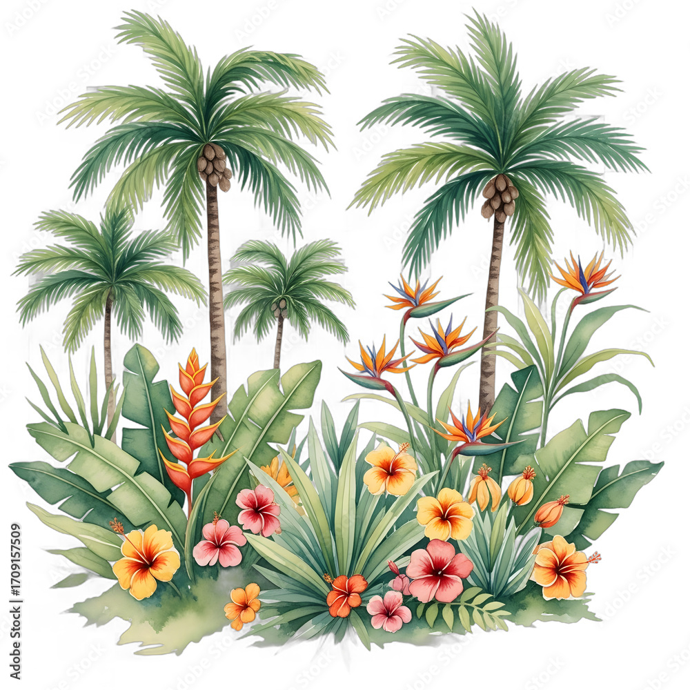 Fototapeta premium Tropical paradise watercolor painting with palm trees and vibrant flowers.