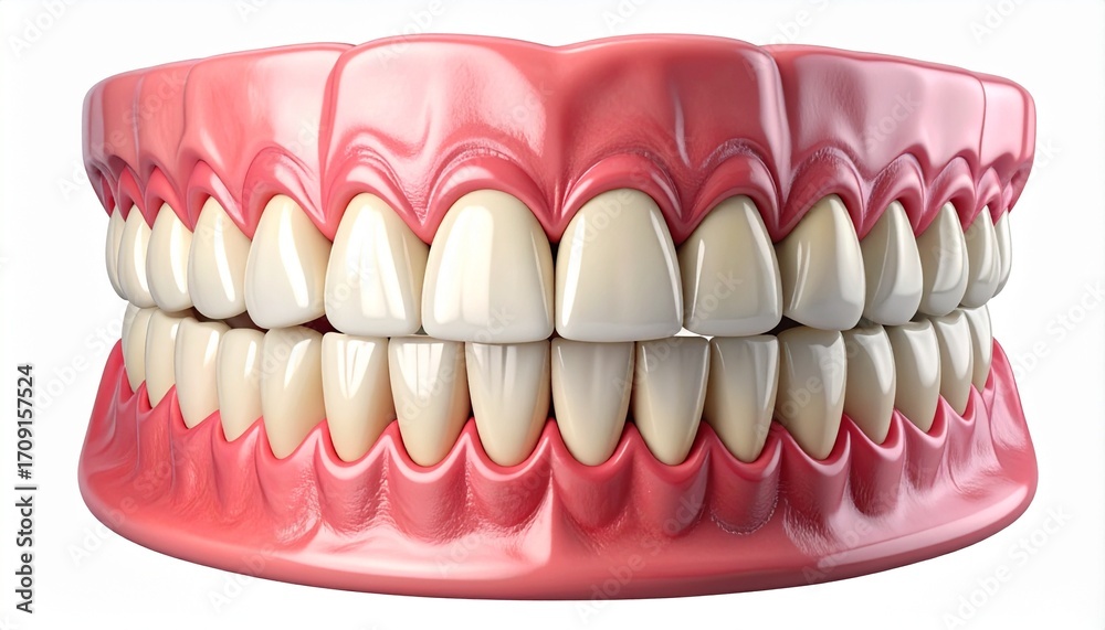 Obraz premium A detailed 3D illustration of a complete human dental arch showing upper and lower teeth anatomy and gums