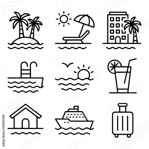 Black Line Art Icons Depicting Tropical Vacation Elements and Travel Themes.