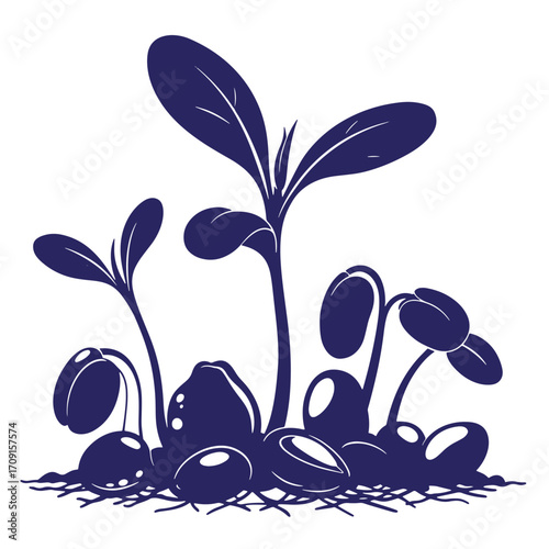 Simple vector illustration of sprouting seeds and young seedlings growing from the soil