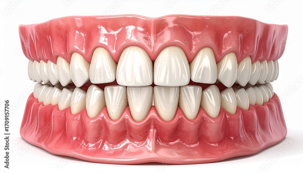 Obraz premium A detailed 3D illustration of a complete human dental arch, showing upper and lower teeth and healthy gums