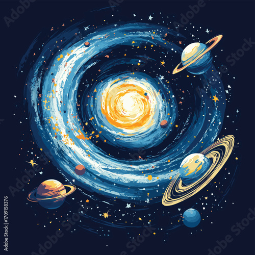 A swirling galaxy with planets and stars in a cosmic scene , vector style simple color