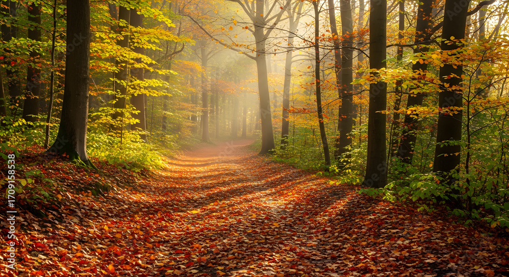Obraz premium Autumn Leaves Path A Misty Forest Walk Through Vibrant Orange and Brown Hues