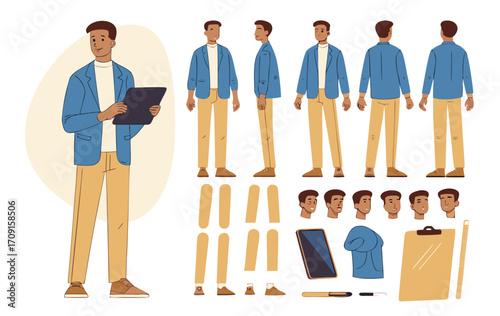 Fashionable business man holding tablet. Character constructor for animation. Front, side and back view set. Body parts, postures, poses collection. Vector illustration.