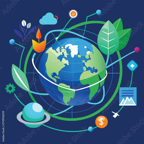 Globe rotating with blue-green gradient seas, neon data pulses along routes, corporate and community icons popping, hands releasing seeds, metallic shimmer.