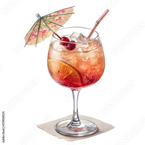 Refreshing red cocktail with ice and garnish in a glass with umbrella