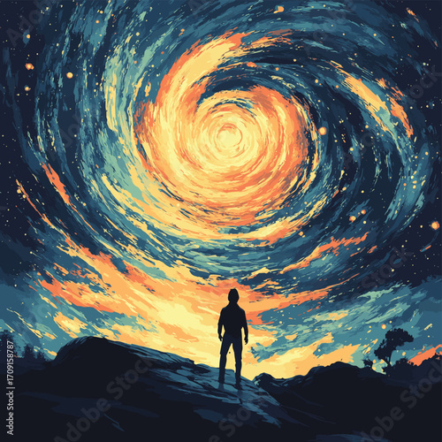 A lone figure gazes at a breathtaking cosmic swirl. , vector style simple color