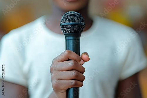 A close-up of a hand gripping a microphone, symbolizing performance, speaking, or singing.