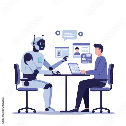 A friendly AI robot and a human collaborate at a desk, interacting with a shared digital interface in a vibrant 2D flat vector illustration, symbolizing modern teamwork and technology.