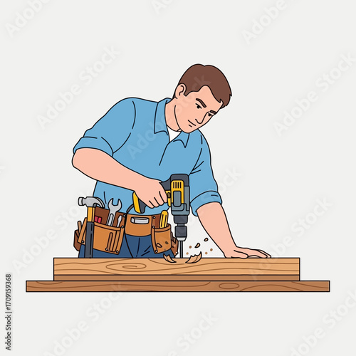 Close-up illustration of a male carpenter using a cordless drill on a wooden plank, wearing a tool belt, against a white background, conveying a focused and industrious mood, with