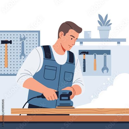 A male carpenter carefully sanding a wooden plank with an electric sander in his workshop, a detailed illustration with a calm and neutral color palette against a white background.