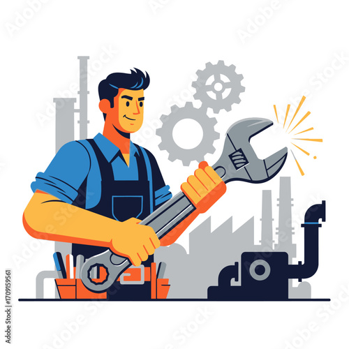 Smiling male mechanic holding a large wrench, industrial background, flat vector illustration, vibrant color palette, conveying a confident and capable mood.