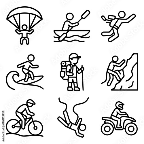 Diverse extreme sports icons Parachuting kayaking surfing hiking climbing cycling bungee jumping and ATV riding.