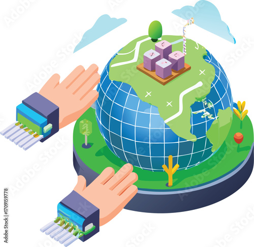 Tiny city, farm, and data center coexisting on a tiled blue-green gradient globe tile, neon link traces, hands tending the area, metallic tile edges — isometric close-up.