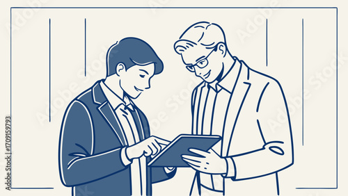 Two Businesspeople Reviewing a Tablet Together Line Art Illustration.