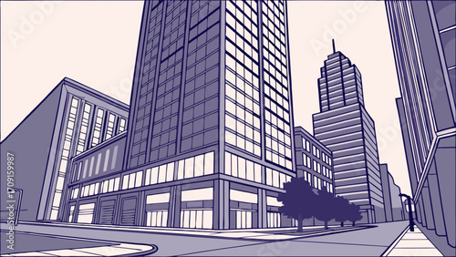 Urban cityscape illustration modern architecture city street scene high rise buildings downtown area stylized illustration graphic design architectural drawing city life urban landscape.
