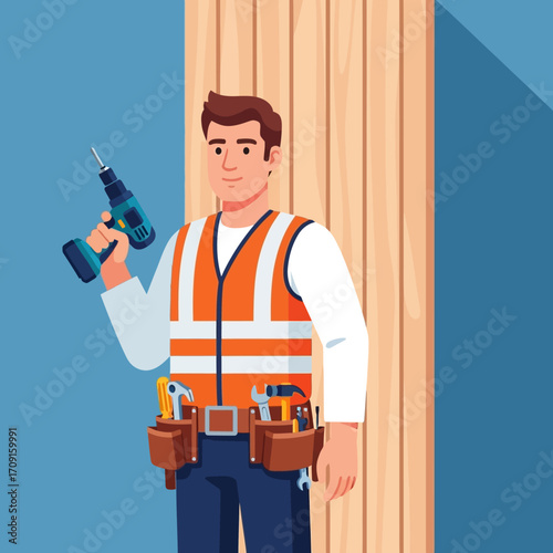 A handyman holding a cordless drill, wearing a safety vest and tool belt, illustrated in a flat style with warm color tones against a light blue and wood background.