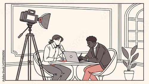 Video production two colleagues working together on a project modern office filming interview recording laptop camera tripod lighting studio setup business meeting collaboration team.