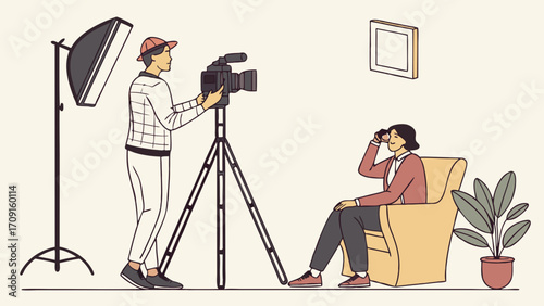 Video Production Studio Filming Interview Setup Cameraman Lighting Equipment Filmmaking Professional Recording Broadcasting Television Content Creation Video Shoot Movie Making Video.