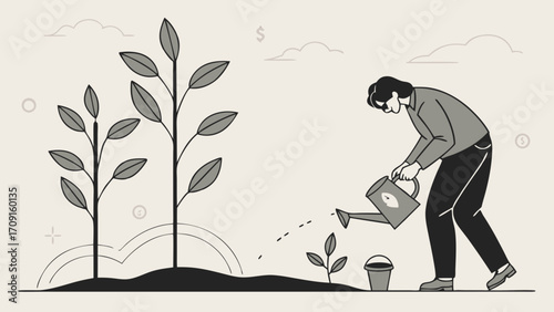 Watering plants growing gardening nature illustration vector minimalist simple design eco sustainable growth sprout leaf leaves plant watering can bucket person individual car.
