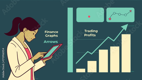Woman analyzing financial data on tablet growth chart bar graph business success financial report.