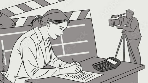 Woman signing a document while being filmed on a set.
