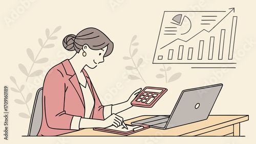 Woman working at a desk with laptop calculator and financial charts illustration.