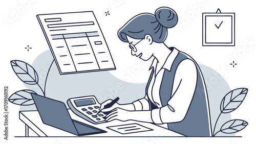 Woman working at desk with calculator and documents accounting finance bookkeeping business illustration.