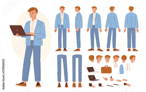 Business man holding laptop. Character constructor for animation. Front, side and back view set. Body parts, postures, poses collection. Vector illustration.