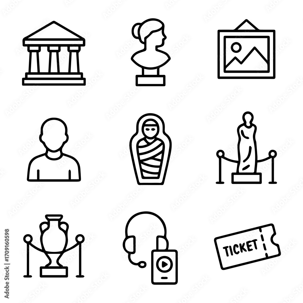 Fototapeta premium Museum Line Icons Ancient Building Bust Painting Mummy Statue Vase Audio Guide Ticket.