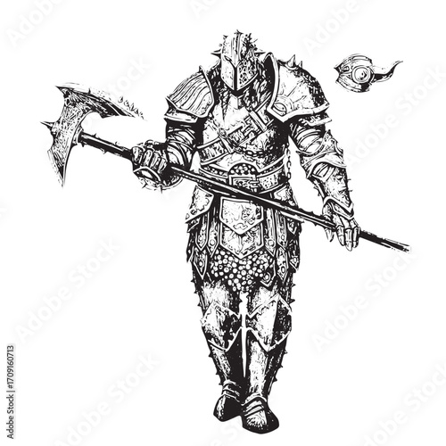 Powerful warrior stands ready for battle holding a spiked axe in detailed fantasy armor illustration