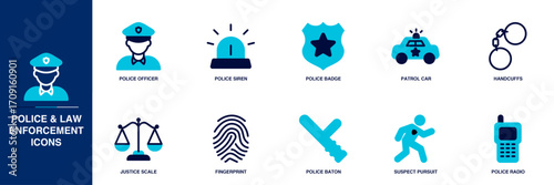 Police and Law Enforcement Blue Colored Outline Icon Set