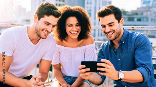 Group of friends enjoying a moment together while looking at a smartphone in an urban setting