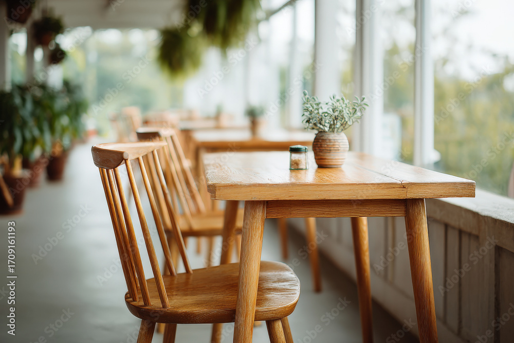 Obraz premium modern stylish outdoor cafe featuring unique wooden furniture and tables captured in clean bright atmosphere