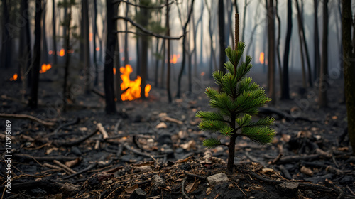 small pine tree surviving in a charred forest with wildfire flames in the background