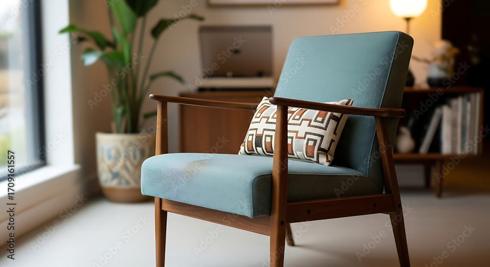 Fototapeta premium Stylish midcentury modern armchair in teal fabric with a dark wood frame and a decorative geometric cushion.